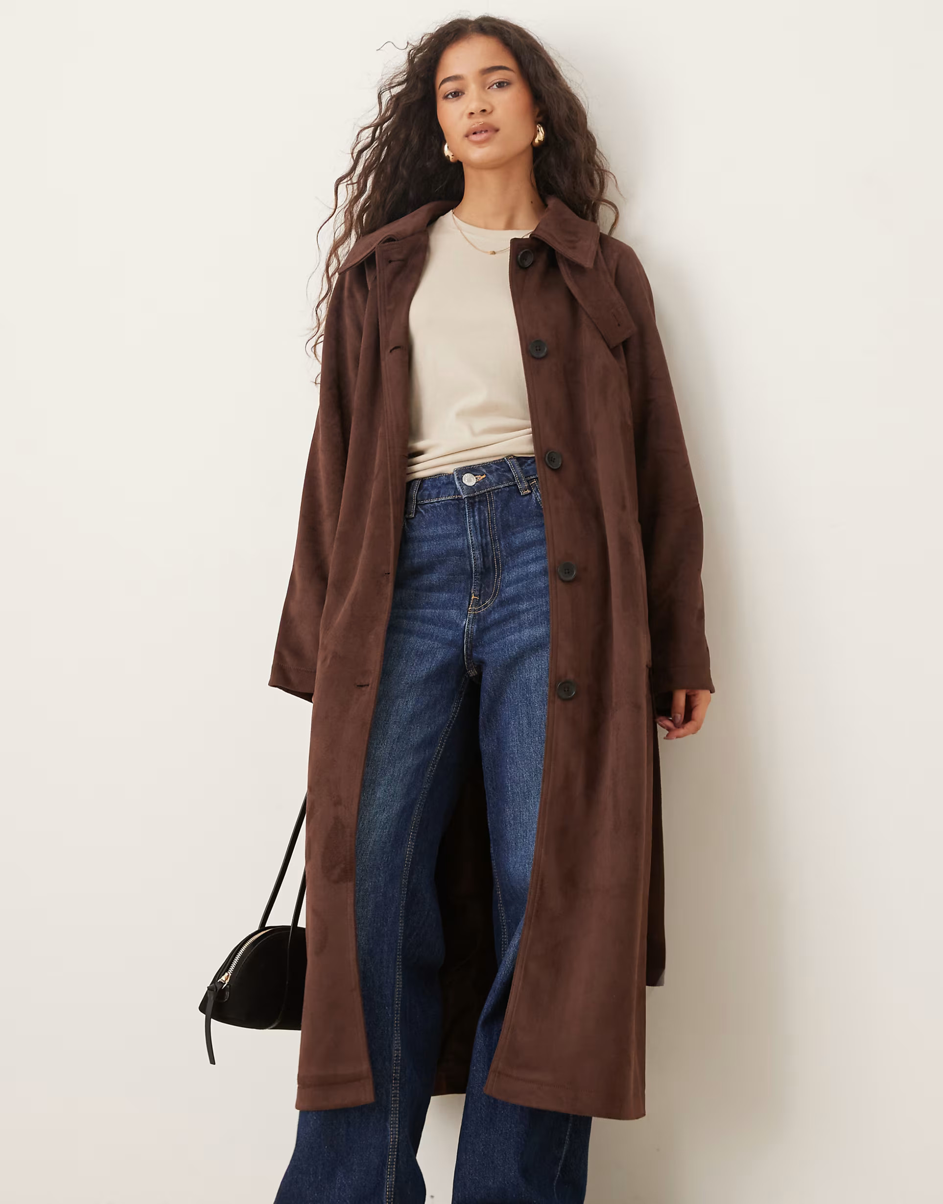 ASOS DESIGN faux suede funnel neck trench coat in chocolate | ASOS (Global)