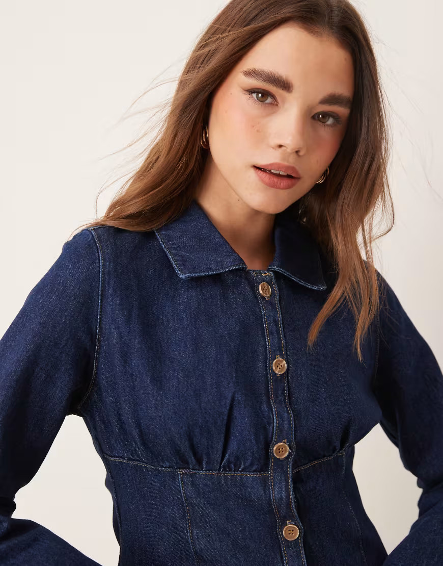 ASOS DESIGN denim long sleeve button up top in indigo-Blue | ASOS (Global)