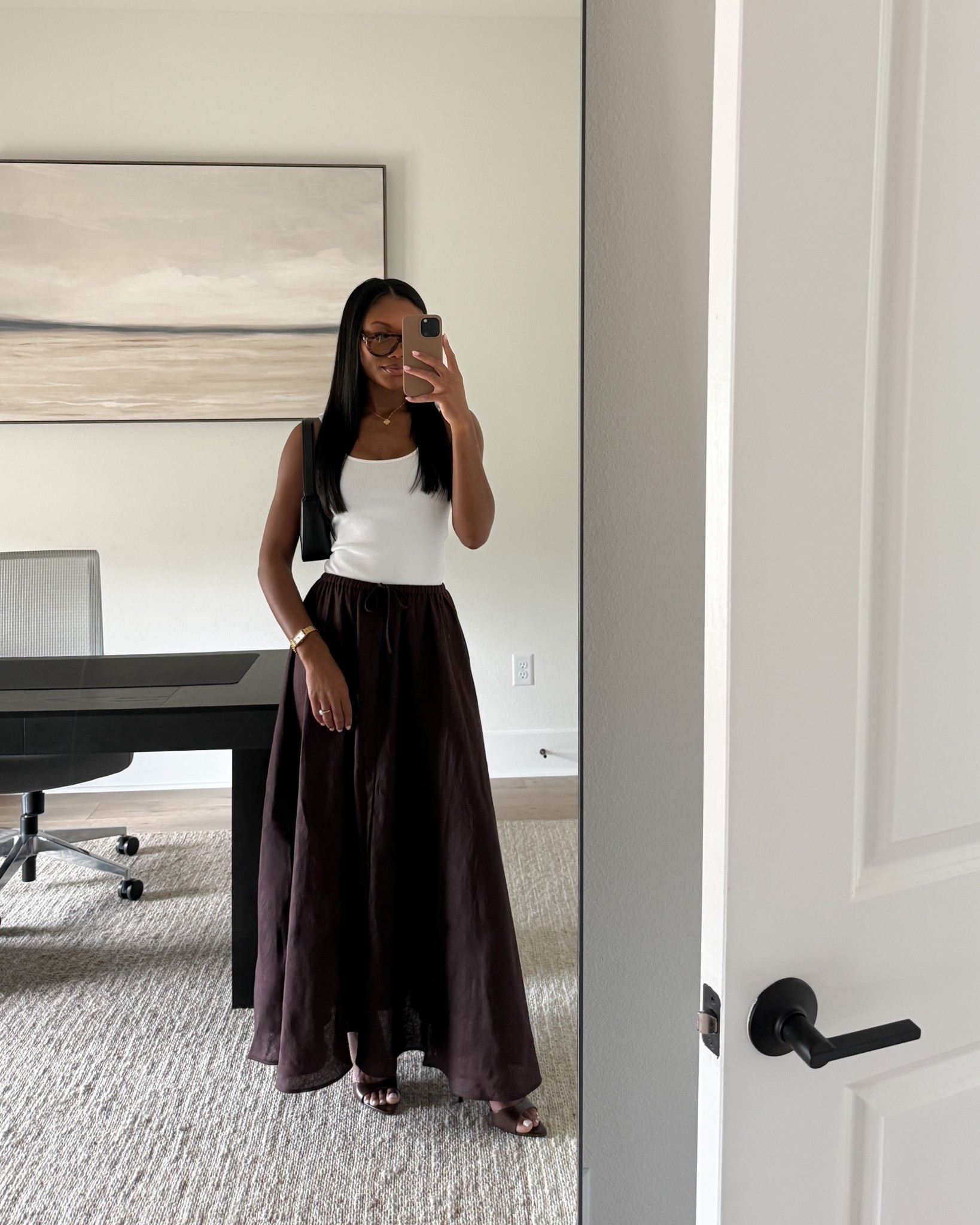 Outfit of the day | brown linen skirt, midi skirt, spring outfits, chocolate brown heels, white tank top, aviator sunglasses, summer style, euro summer, daytime outfits 

#LTKSeasonal #LTKgrwm #LTKootd