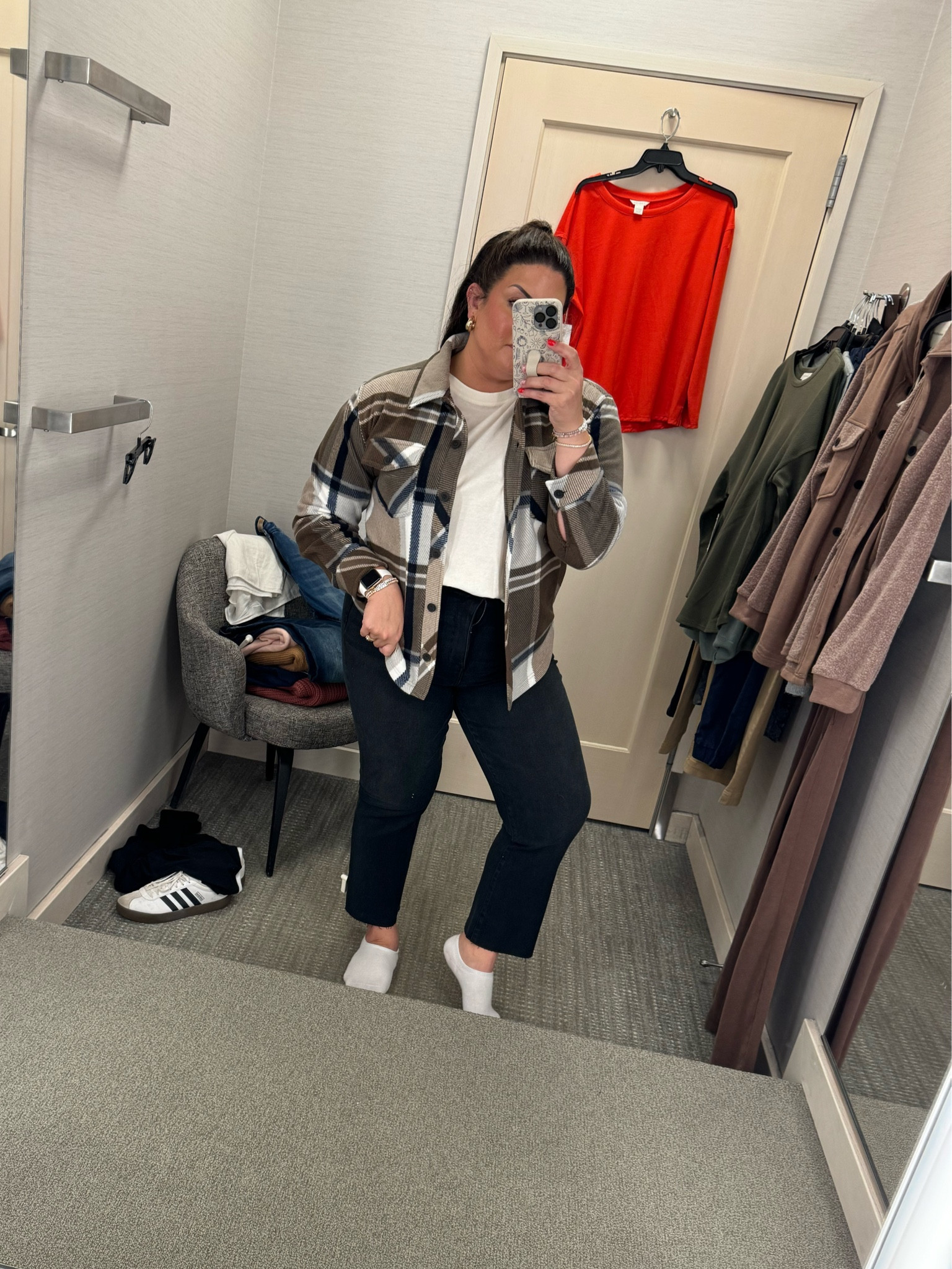 Wearing a L in this shacket but would
prefer an XL for a more oversized fit! Size 12 in the jeans (size down 1) 

#LTKxNSale #LTKMidsize #LTKSaleAlert