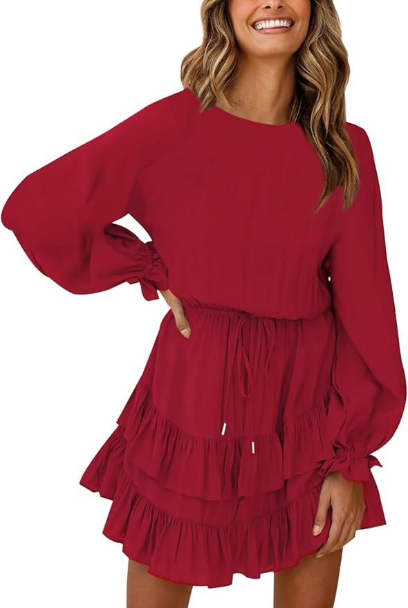 SPRIME Women's Casual Dress Round Neck Loose Long Sleeve Short Dresses High Waist Layered Ruffle ... | Amazon (US)