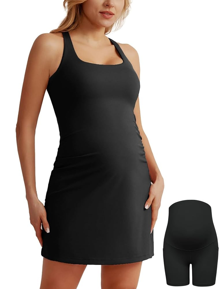 Maacie Maternity Tennis Dress with Shorts and Built in Bra Scoop Neck Sleeveless A-line Workout G... | Amazon (US)