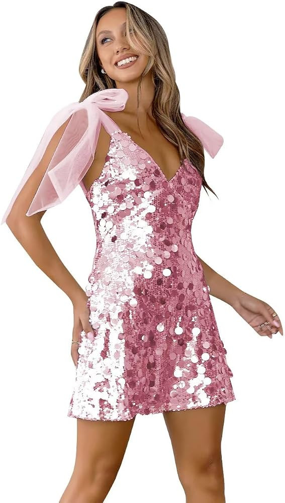 MYDRESS Sparkly Homecoming Dress 2025 V Neck Short Mini Club Sequin Dress with Bow | Amazon (US)