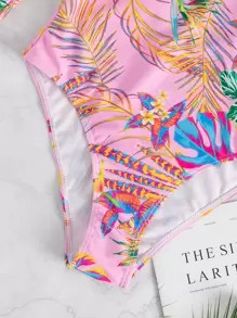 Tropical Print Cut Out Back High Neck One Piece Swimsuit SKU: sw2203071101672247(1000+ Reviews)$1... | SHEIN