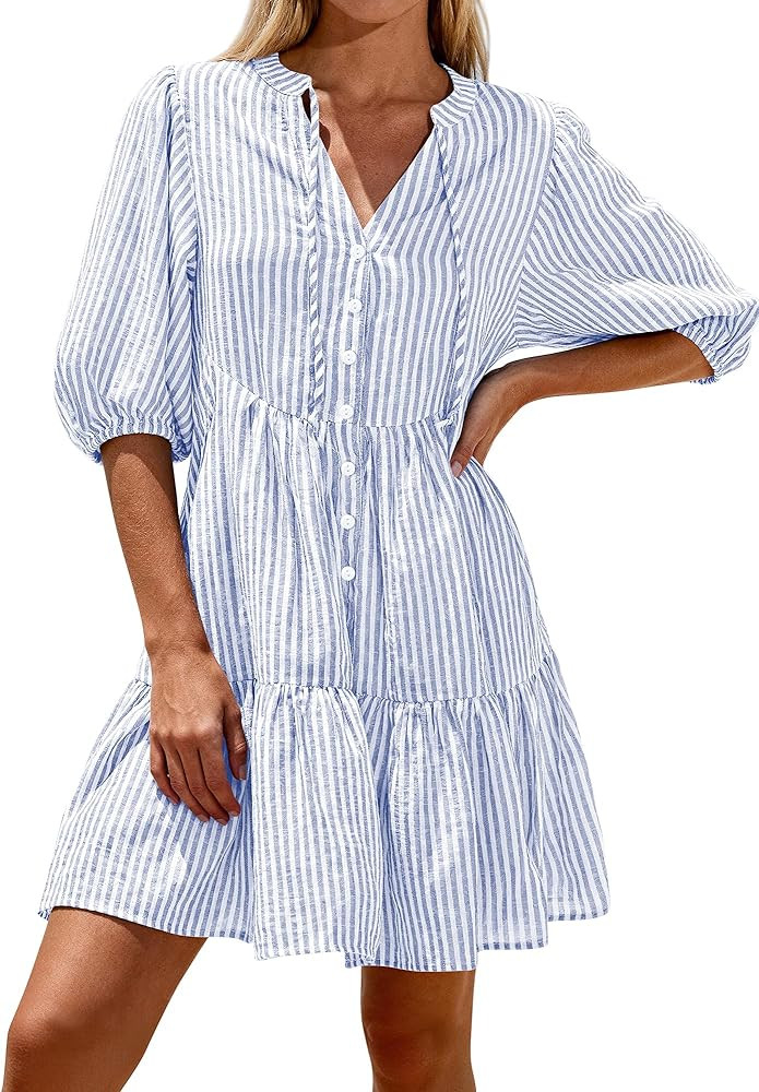 BTFBM Women Summer Dresses 2026 Striped Mini Dress Half Sleeve Button Down Tiered Flowy Beach Vacation Outfits Pockets | Amazon (US)