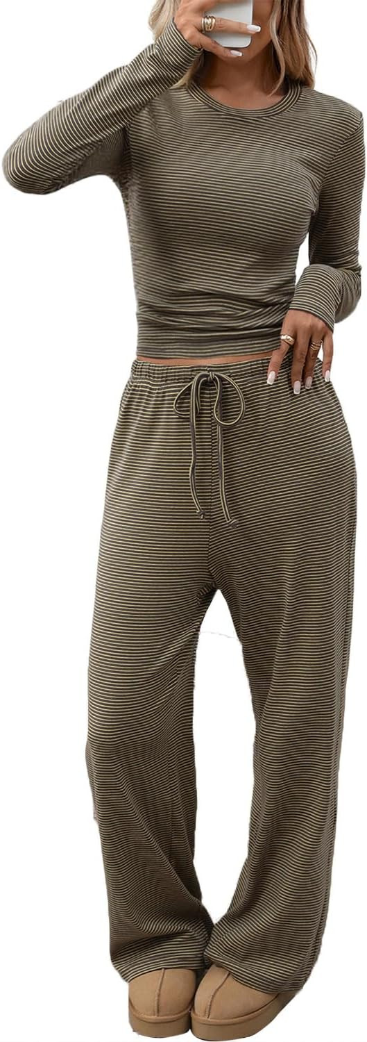 CHYRII Women Two Piece Sets Fall Long Sleeve Striped Lounge Sets Pajamas | Amazon (US)
