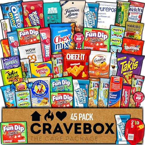 CRAVEBOX Snacks Box Variety Pack Care Package (45 Count) Valentines Treats Gift Basket Adults Kids Grandkids Guys Girls Women Men Boyfriend Birthday Cookies Chips College Student Office School | Amazon (US)