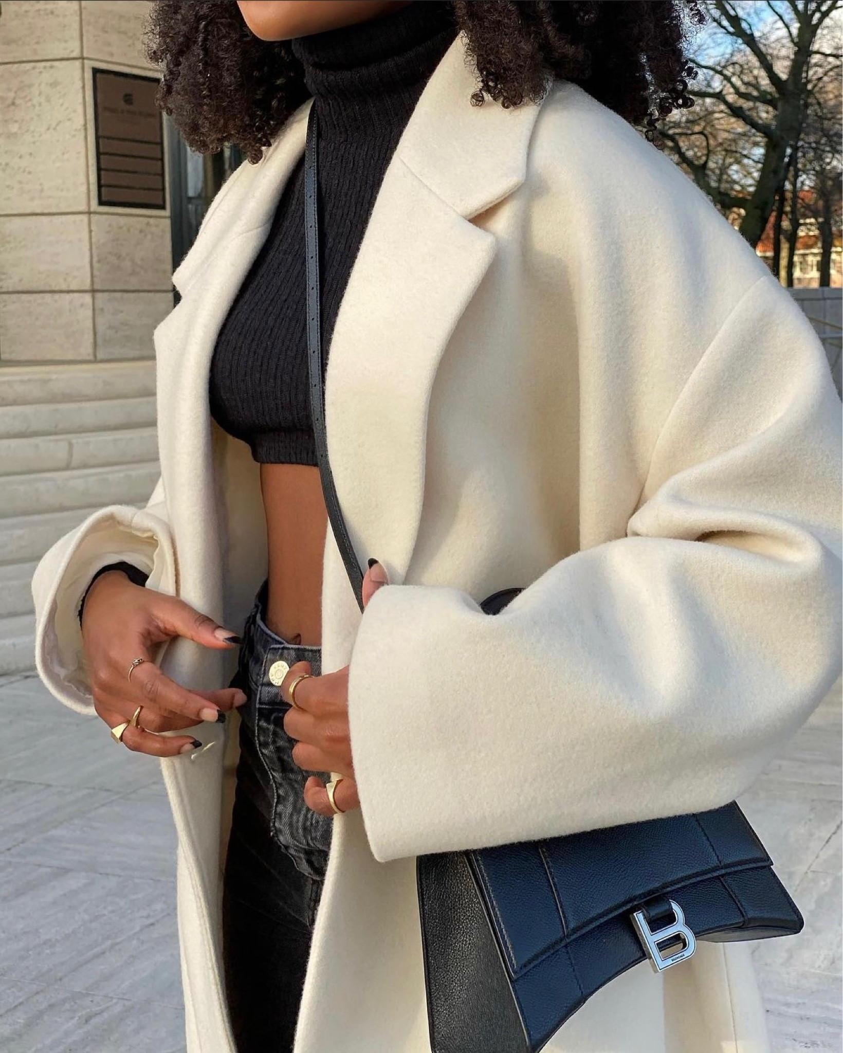 white wool beige cream winter coat fall autumn balenciaga designed cross body hand bag black leather crop turtle neck sweater golden accessories ring jeans 

#LTKstyletip #LTKeurope #LTKSeasonal