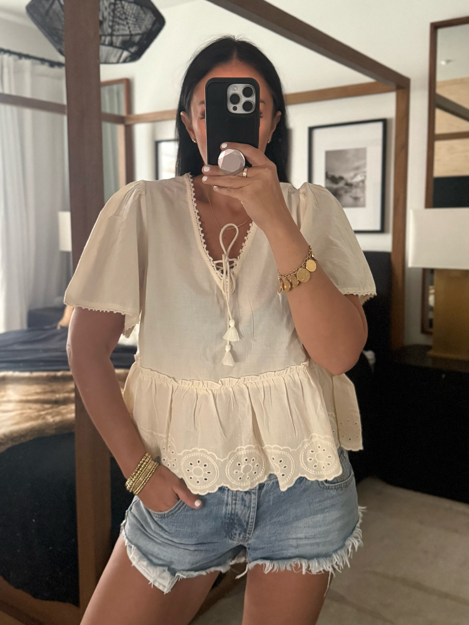 Jessica Simpson Women's Willow Embroidery Blouse wearing size small. One Teaspoon Duke Shorts
