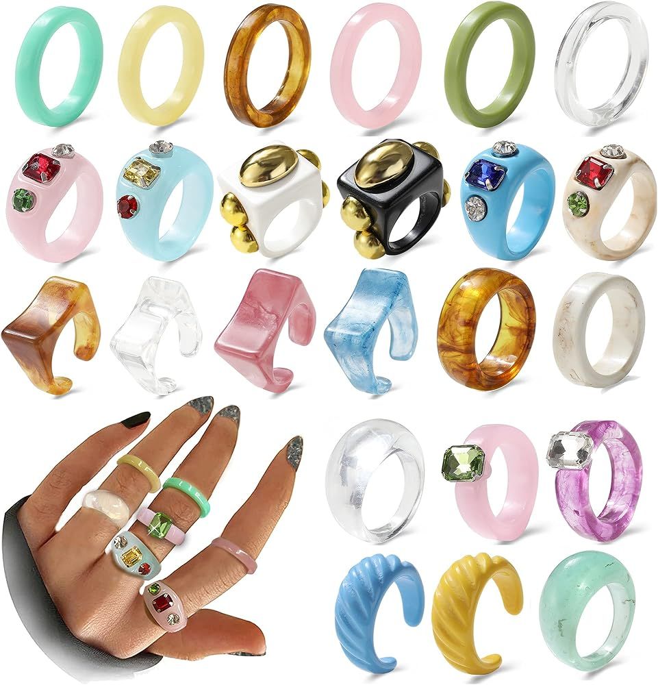 Resin Chunky Rings Set for Women Girls,24 Pcs Colorful Acrylic Retro Finger Ring Dome Stackable Ring | Amazon (US)
