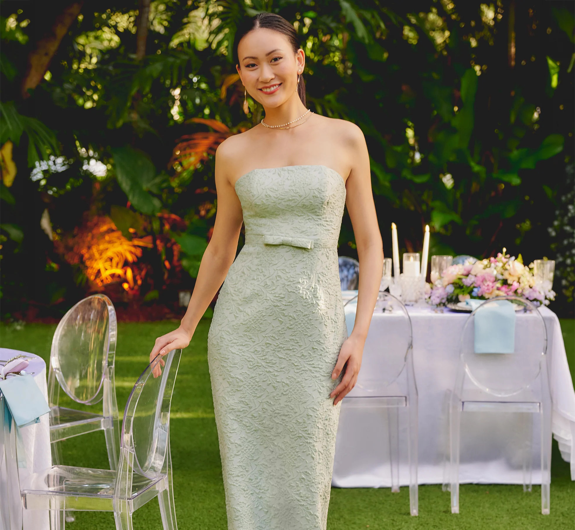Strapless Metallic Jacquard Column Gown In Mint Glaze | Adrianna Papell
