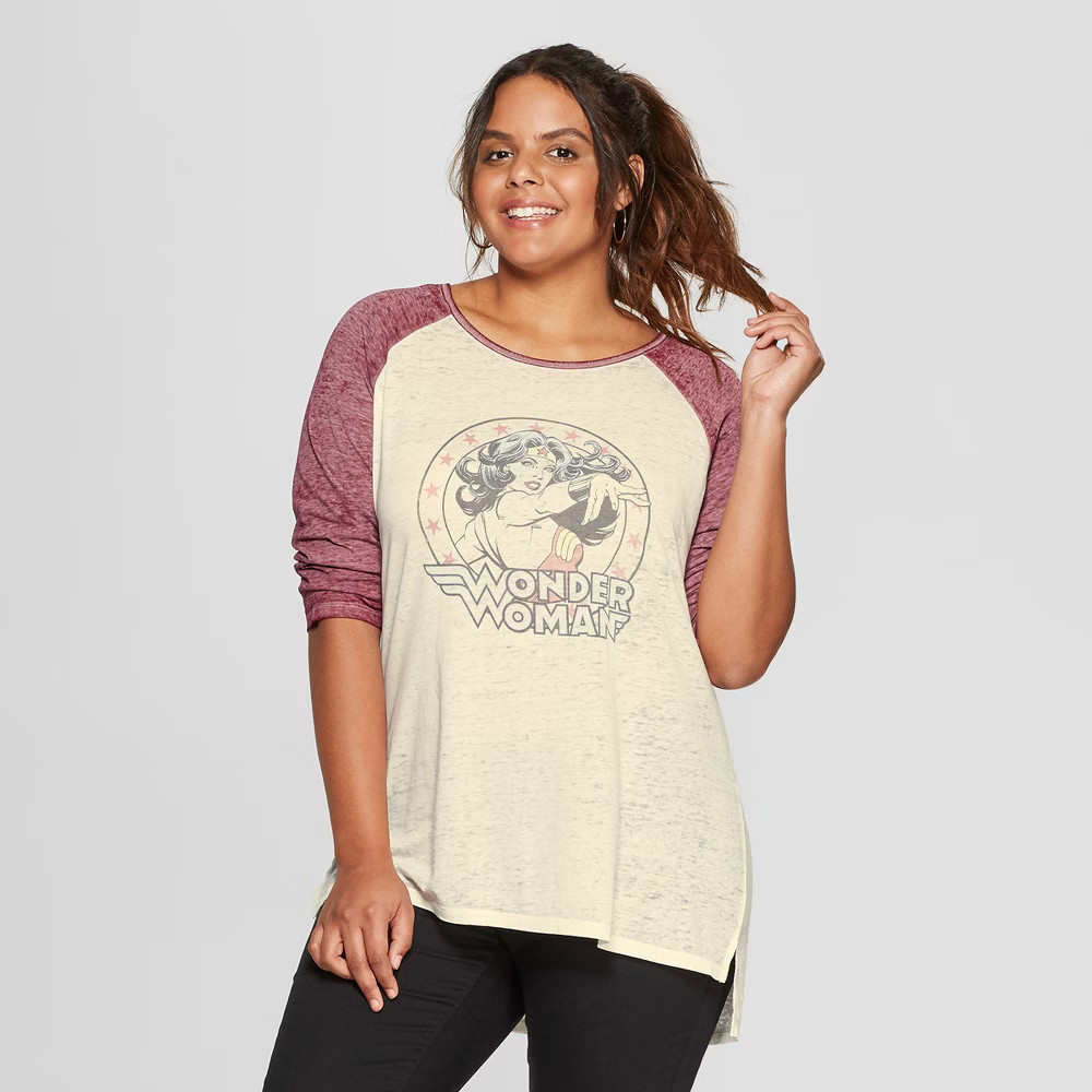 Women's 3/4 Sleeve DC Comics Plus Size Wonder Woman Raglan Graphic T-Shirt - (Juniors') White 3X, Size: 3XL | Target