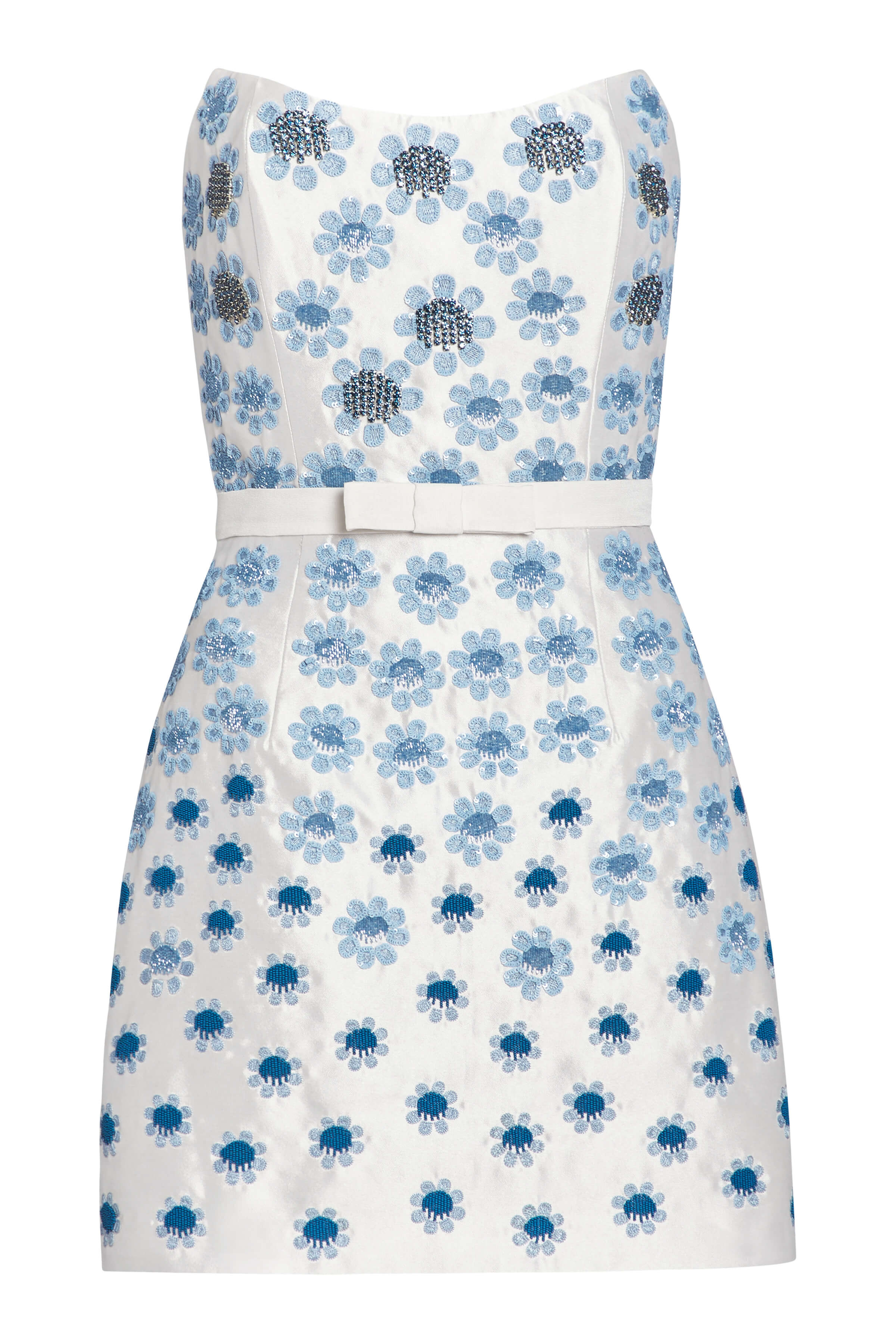 Lulu White Silk Mini Dress With Blue Daisy Beading | Markarian