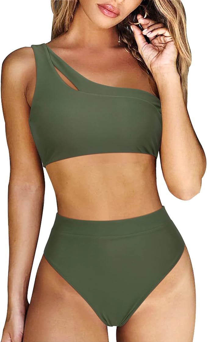 RXRXCOCO Women One Shoulder High Waisted Bikini Set Color Block High Cut 2 Piece Swimsuit Bathing... | Amazon (US)