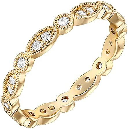 PAVOI 14K Gold Plated Cubic Zirconia Band | Round Milgrain Eternity Bands | Gold Rings for Women | Amazon (US)