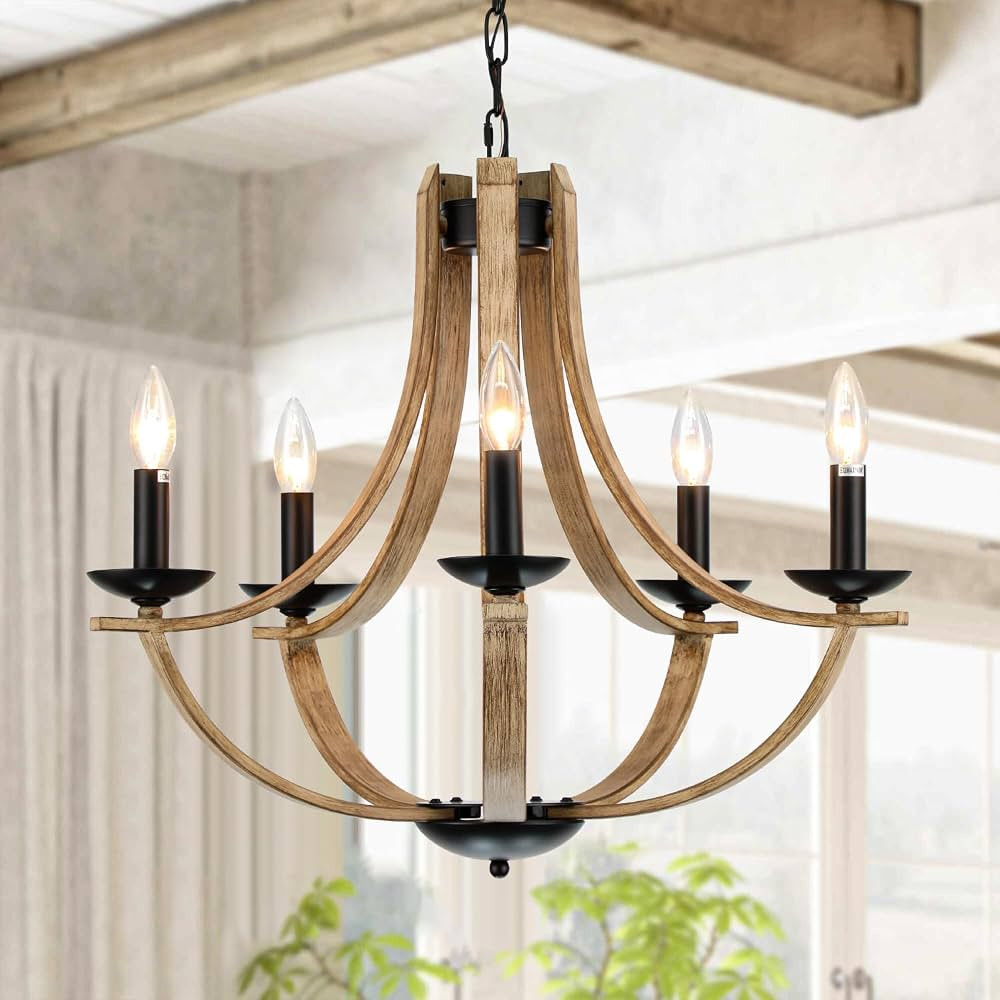 Farmhouse Chandeliers for Dining Room Light Fixture, 5-Light 24 inch Faux Wood Texture Hanging Li... | Amazon (US)