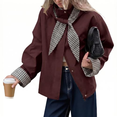 Tankaneo Womens Cropped Trench Coats Fall Jacket with Plaid Detachable Hood | Amazon (US)