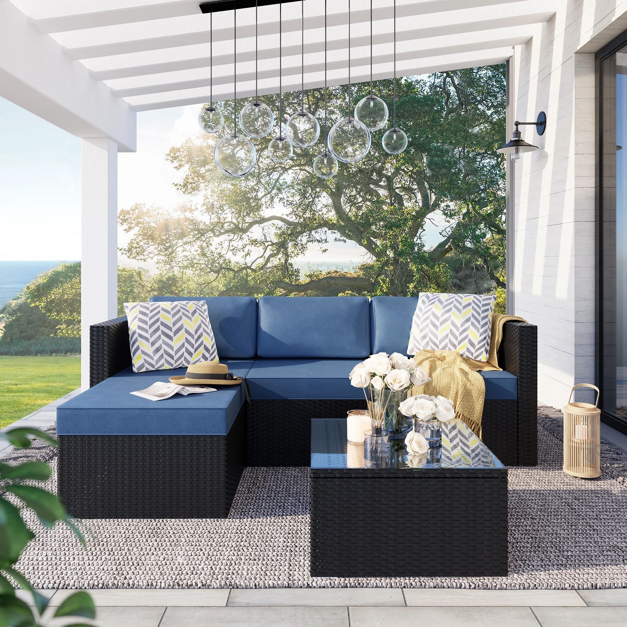 Walsunny 3 Piece Aegean Blue Outdoor Furniture Sectional Sofa Patio Set Black Rattan Wicker | Walmart (US)