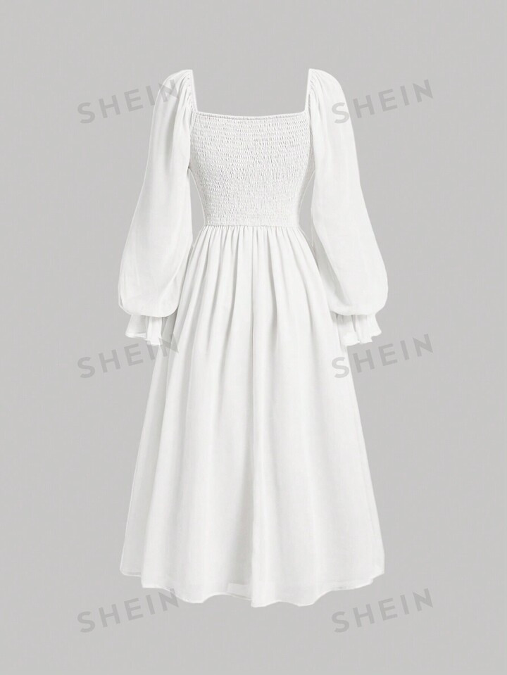 SHEIN MOD Square Neck Flare Sleeve Ruched Bust Dress | SHEIN