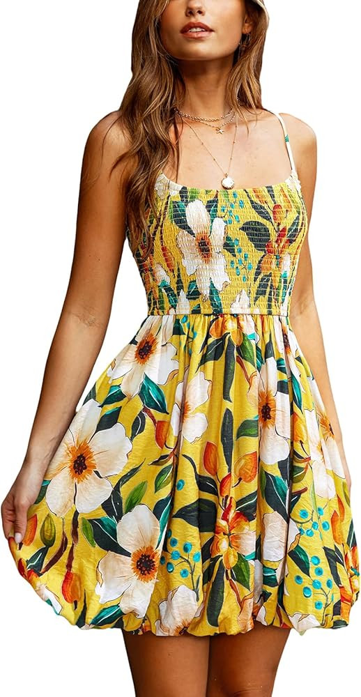 CUPSHE Women's Floral Mini Dress Tropical Bubble Hem Sleeveless Dresses Square Neck Beach Vacatio... | Amazon (US)