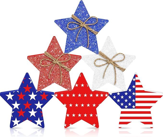 6Pcs 4th of July Patriotic Wooden Glitter Star Signs Table Decor- 4th of July Decorations- Patrio... | Amazon (US)