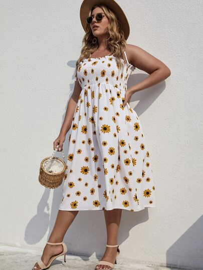 Plus Floral Print Shirred Cami Dress | SHEIN