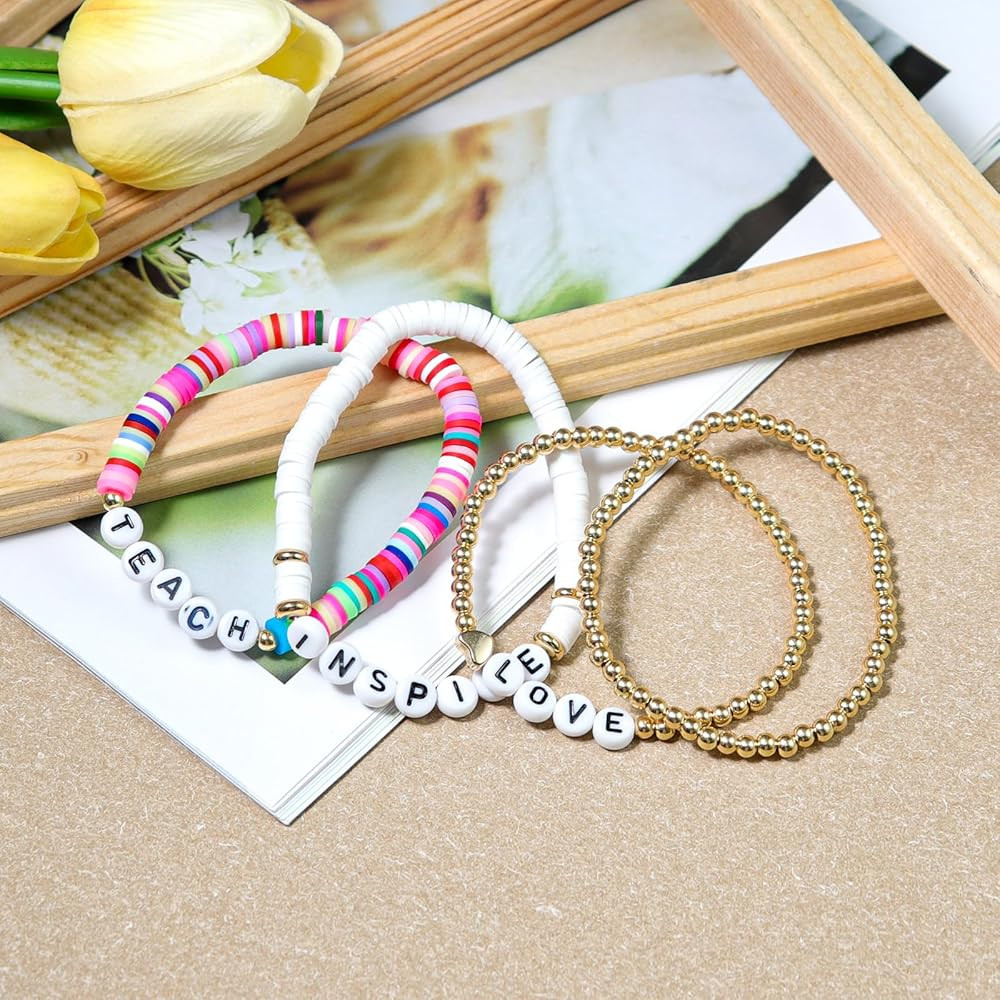 Handmade Teacher Appreciation Stackable Bracelets Colorful Solf Clay Love Teach Inspire Letter Be... | Amazon (US)