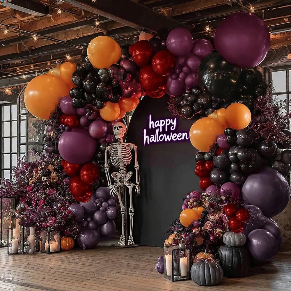 Halloween Balloon Arch Double Stuffed Black Purple Orange Balloons Burgundy Red Dark Mauve Plum Balloon Garland for Birthday Festival Baby Shower Indoor Outdoor Halloween Party Decorations | Amazon (US)