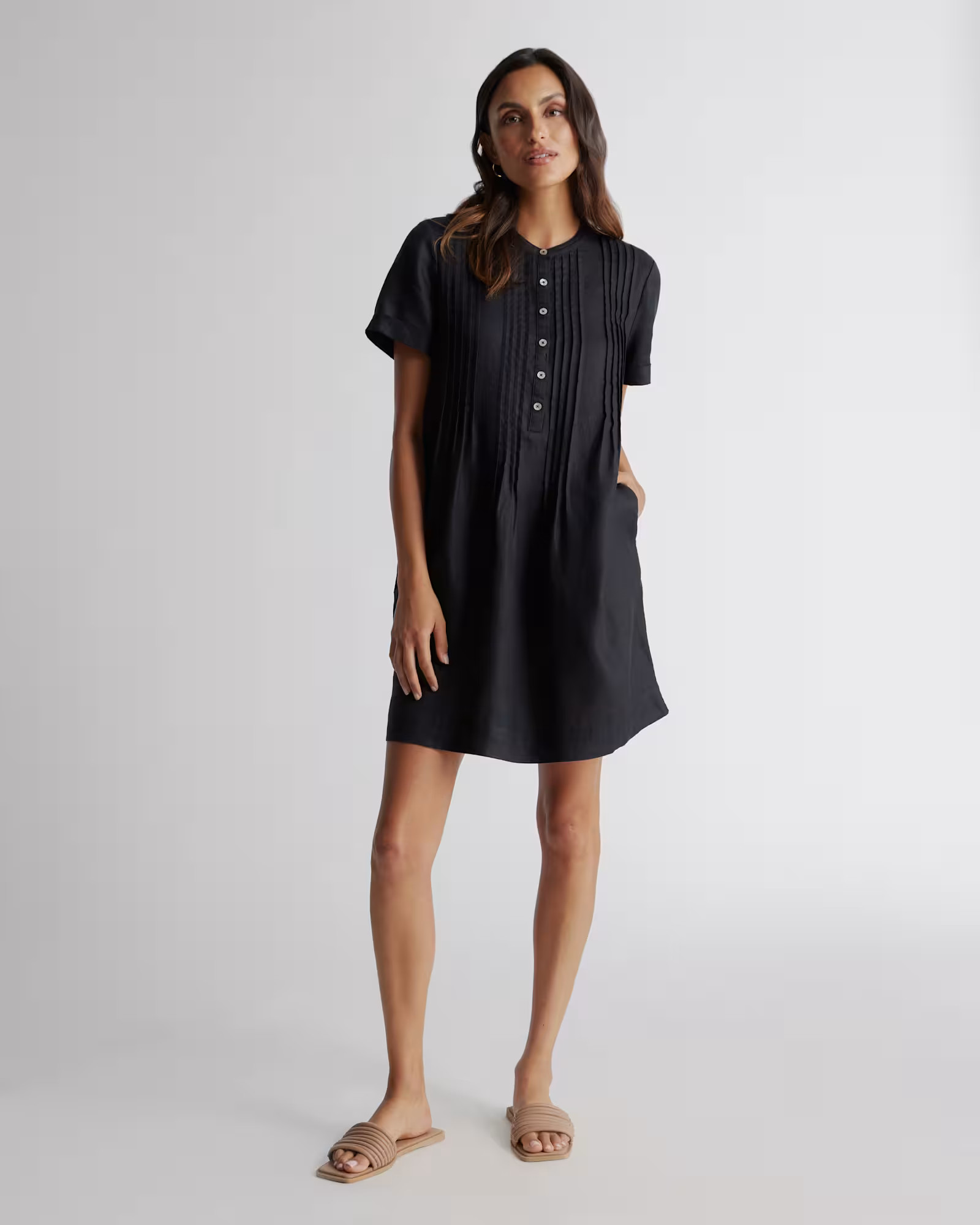 Black 100% European Linen Short Sleeve Swing Dress | Quince
