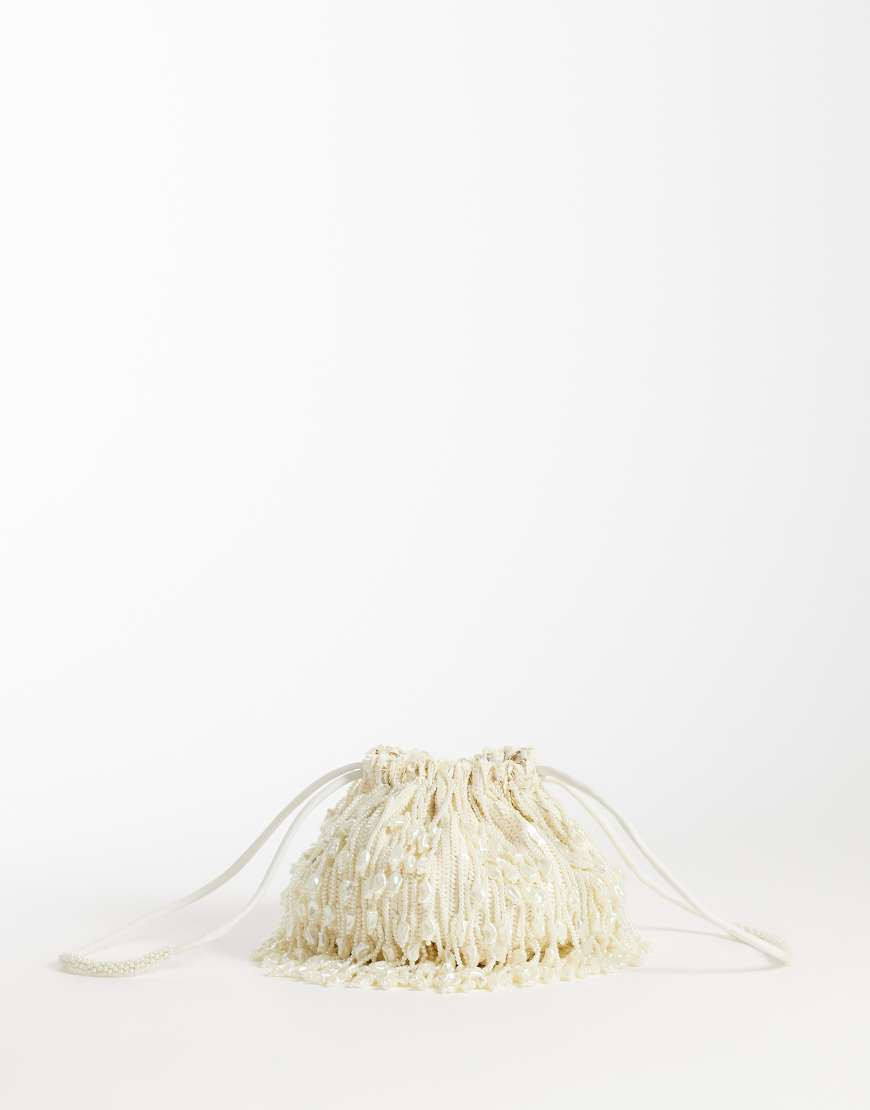 ASOS DESIGN embellished clutch bucket bag in faux natural pearl fringe-Neutral | ASOS (Global)
