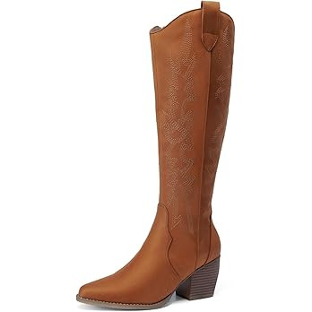 DREAM PAIRS Womens Cowboy Boots Wide Calf Comfortable Pull On Zipper Chunky Heel Pointed Toe Embr... | Amazon (US)