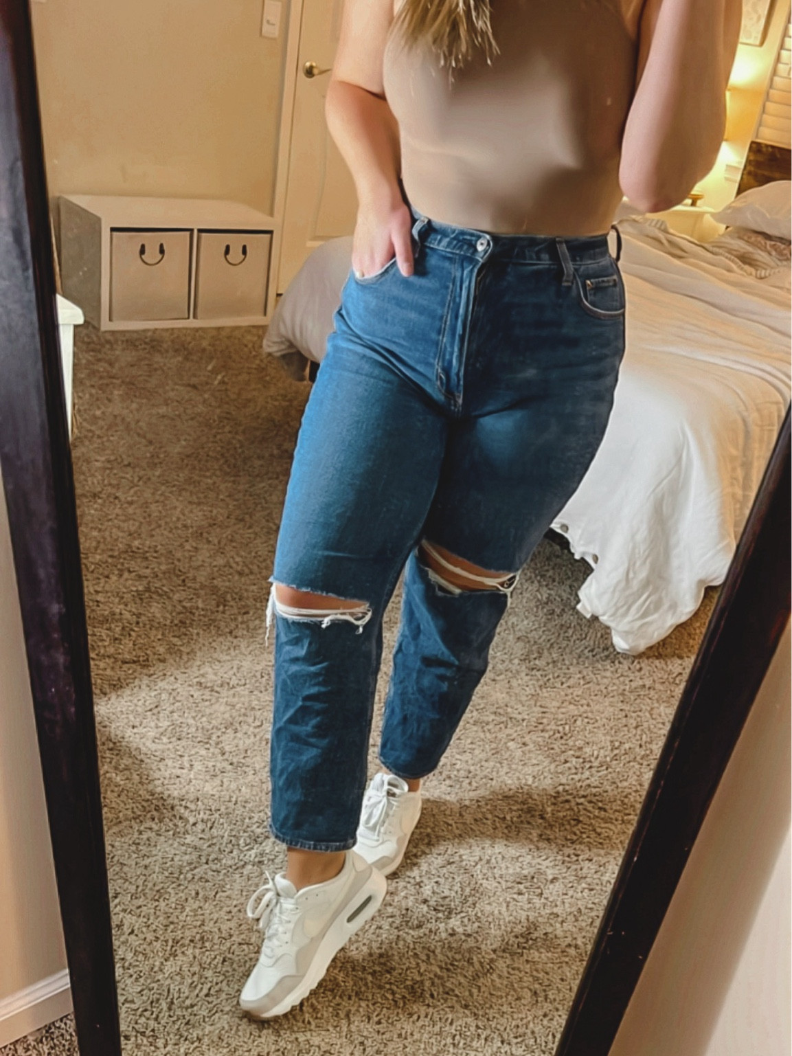 Spring Casual Outfit ✨🤎

• Bodysuit from Amazon similar to skims bodysuits, wearing a size large. 
• Jeans are Curve Love Ankle Straight medium destroy, wearing a size 31R. 
• Nike AirMax Sneakers, size 8. 

#LTKSpringSale #LTKstyletip #LTKshoecrush