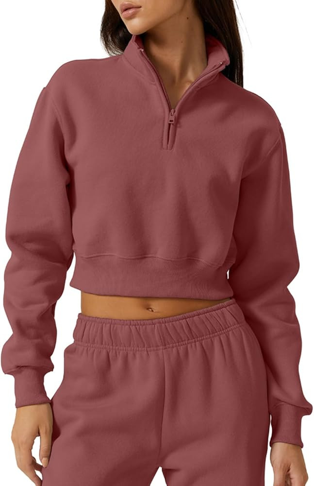 QINSEN Womens Half Zip Crop Sweatshirt High Neck Long Sleeve Pullover Cropped Top | Amazon (US)