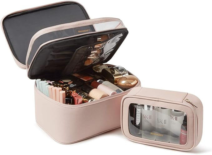 BAGSMART Large Cosmetic Bags Double Layer with Adjustable Dividers, 2 in 1 Travel Makeup Bag Wate... | Amazon (US)