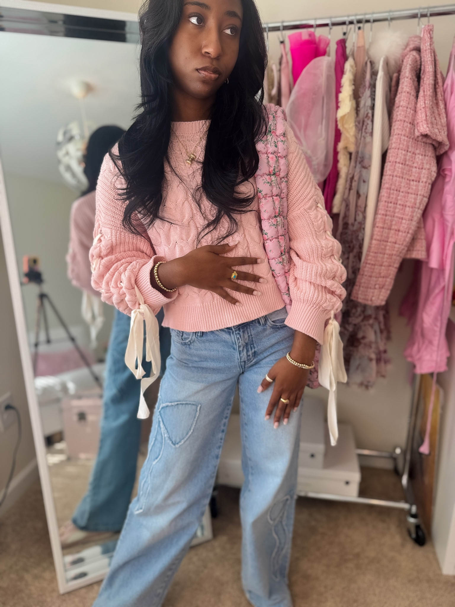 Loving this warm pink sweater with bows!! It hoes perfectly with these low rise bow jeans! 

#LTKU #LTKStyleTip #LTKPetite