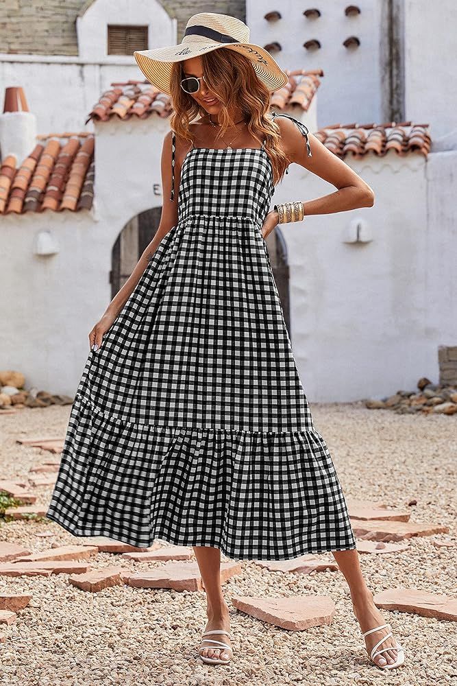 PRETTYGARDEN Summer Dress for Women Plaid Spaghetti Strap Square Neck Tiered Ruffle Flowy Maxi Dress | Amazon (US)