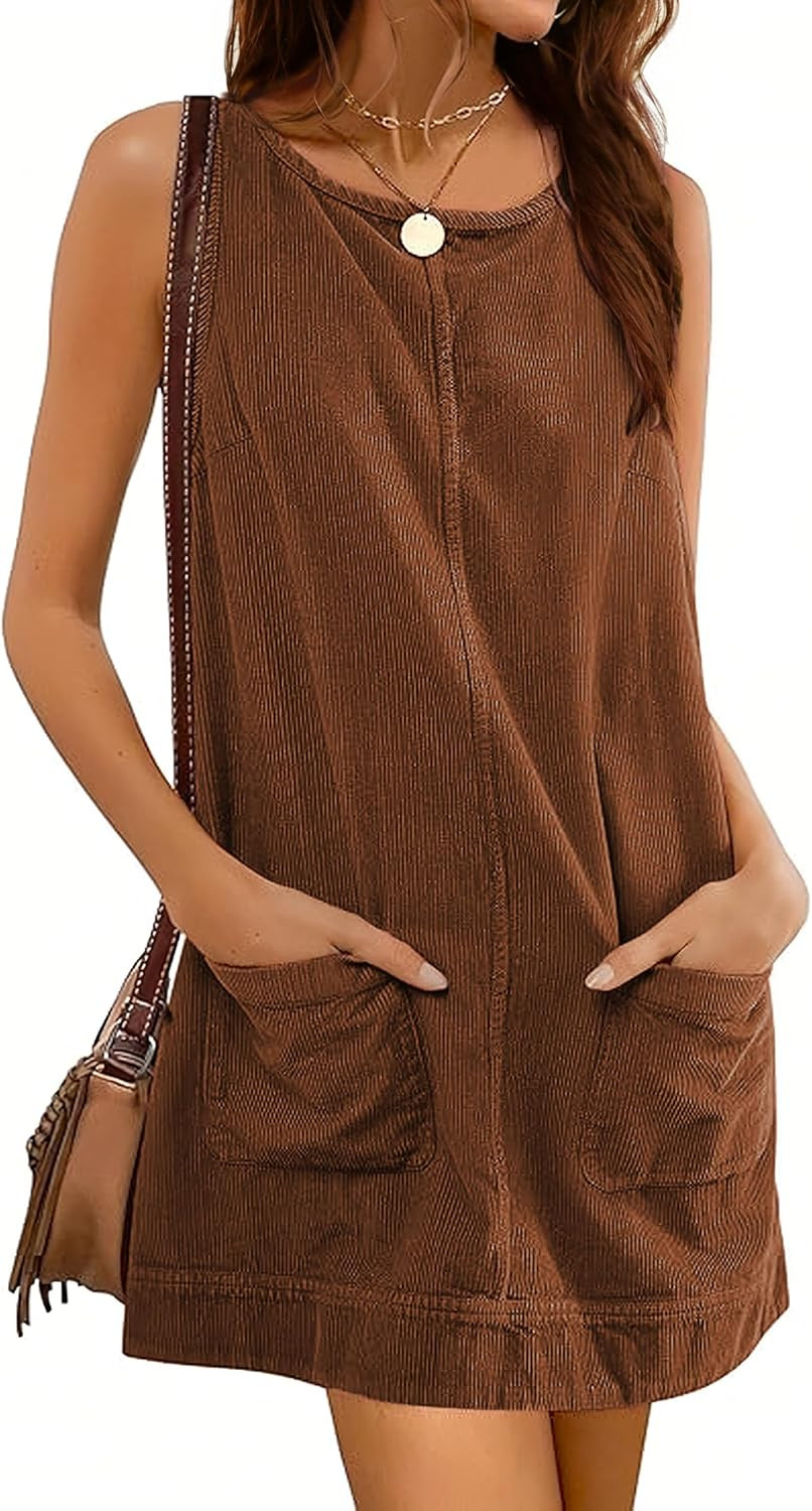 Hooever Women's Corduroy Overall Dress Round Neck A Line Skirtall Jumper Mini Dress Pinafore with Pockets | Amazon (US)