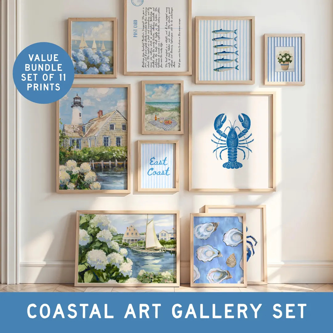 Coastal Wall Art Set of 11 Blue Beach Prints, East Coast Nautical Gallery Art Bundle, Hydrangea W... | Etsy (US)