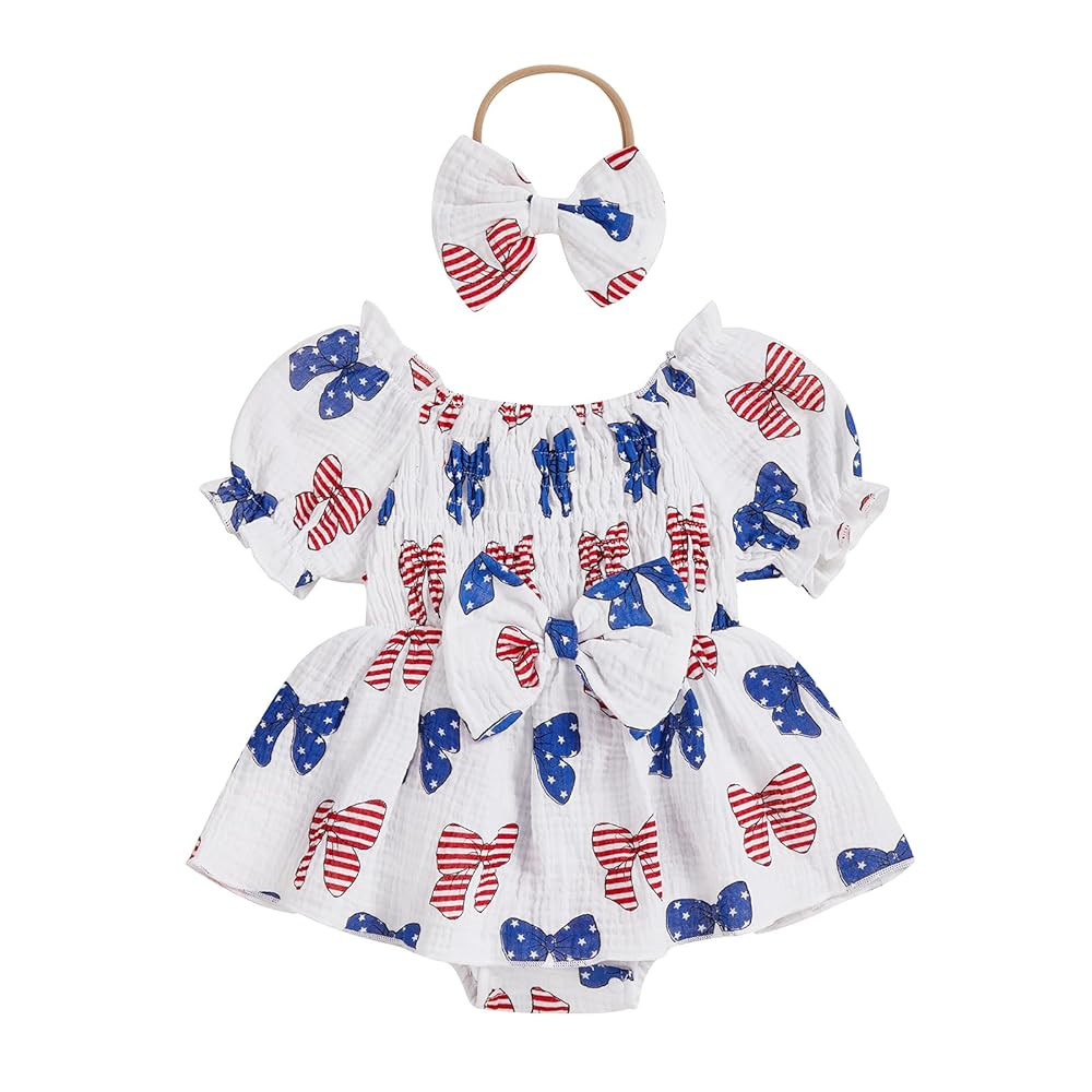 4th of July Baby Girl Outfit Smocked Rompers Dress Bow Print Bodysuits Infant Jumpsuits with Head... | Amazon (US)