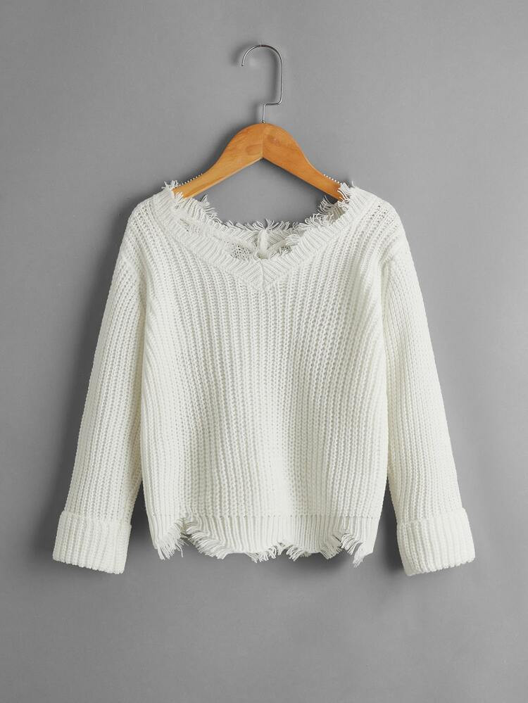 Girls Drop Shoulder Distressed Sweater | SHEIN