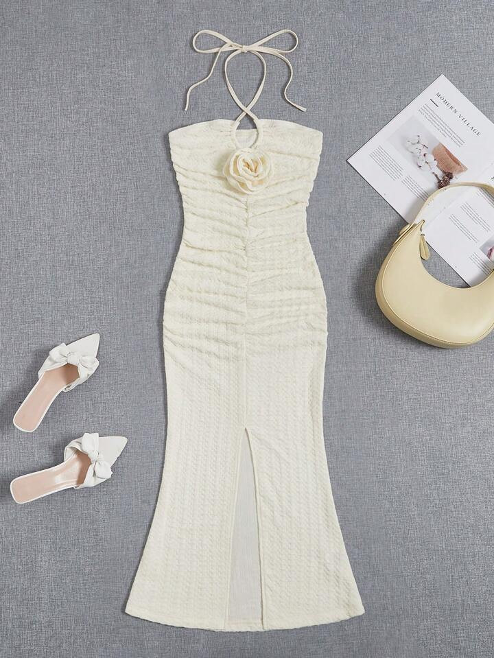 SHEIN VCAY Stereo Flower Tie Backless Split Thigh Halter Dress | SHEIN