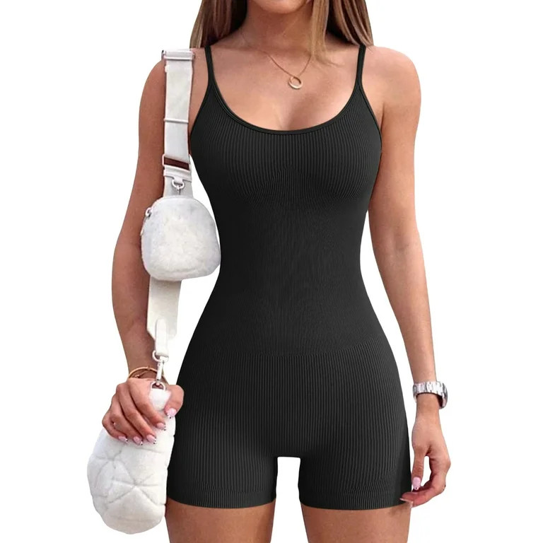 Suanret Women Yoga Rompers Workout Ribbed Bodysuit Sleeveless Sport Romper Short Jumpsuits for Wo... | Walmart (US)