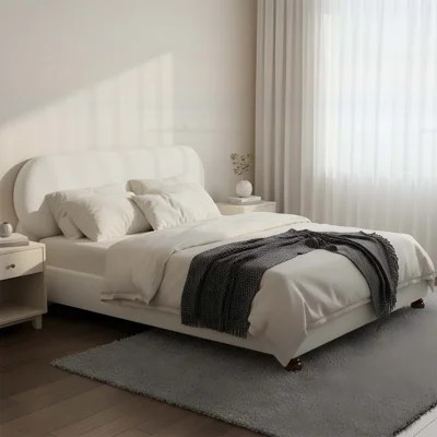 Cream-colored Boucle Upholstered Bed with Rubber Wood Legs, King Size, Soft and Durable for Modern Bedrooms | Wayfair North America