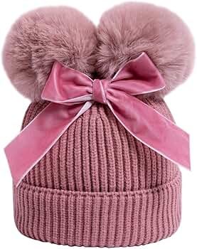 YATEEN Infant Toddler Baby Knitting Woolen Hat Winter Warm Double Pompom Beanie Cap with Bow | Amazon (US)