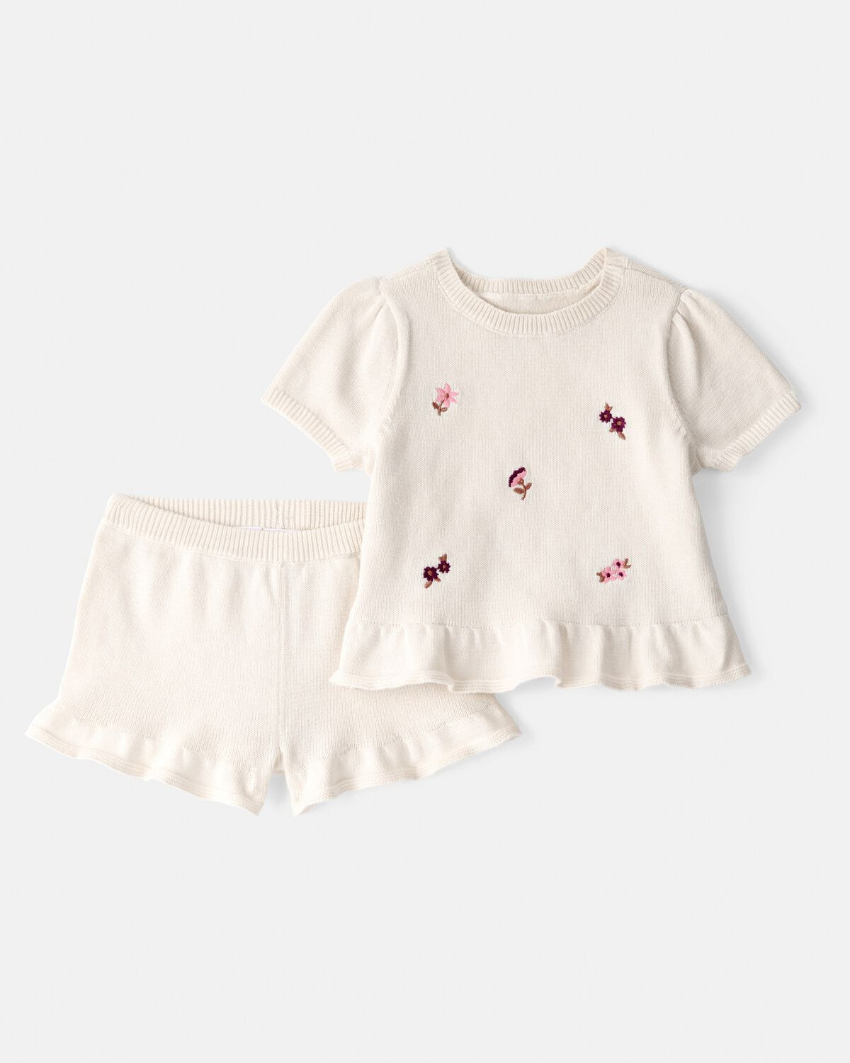 Baby Girl 2-Piece Floral Embroidered Short-Sleeve Top & Short Set - Cream | Carter's Inc