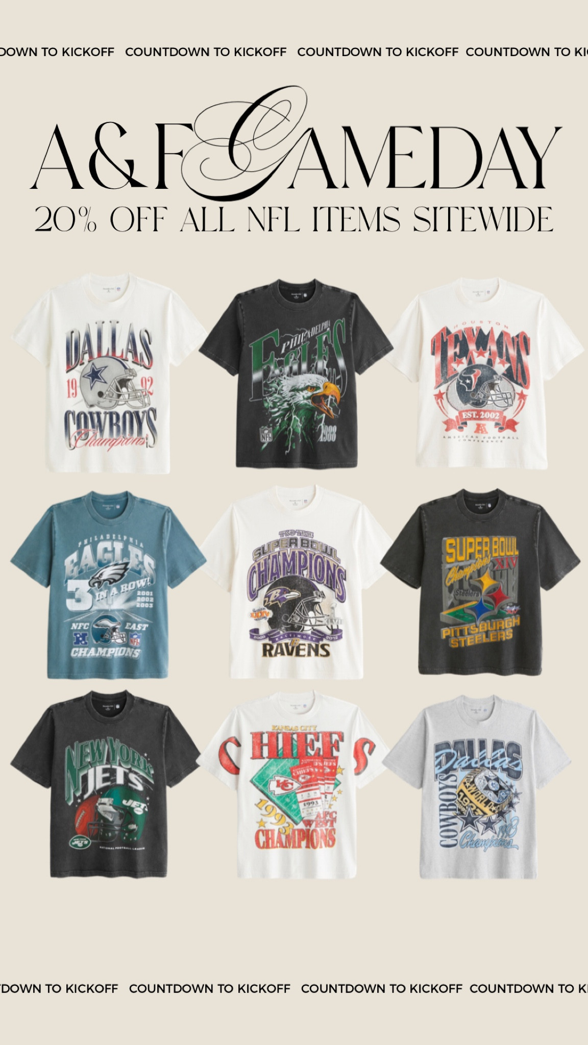 Abercrombie NFL items 20% off + extra 15% with code KICKOFF. 

#LTKSeasonal #LTKFallSale #LTKCon