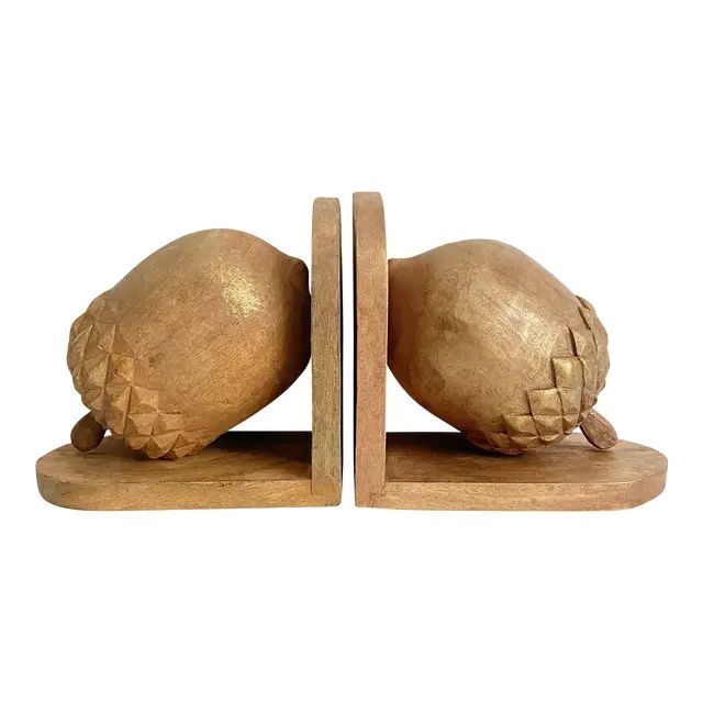 Vintage Wooden Acorn Handmade Gold Rubbed Bookends- a Pair | Chairish