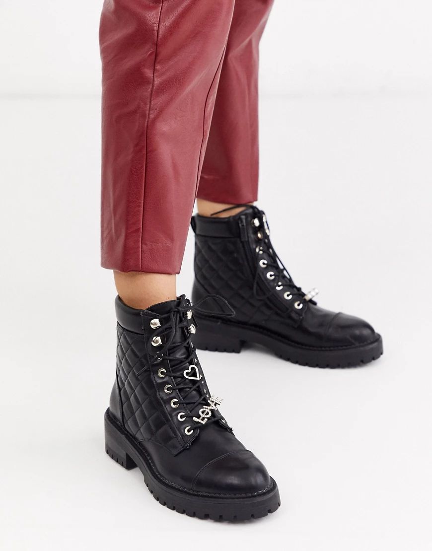 Stradivarius quilted lace front chunky boots in black | ASOS (Global)