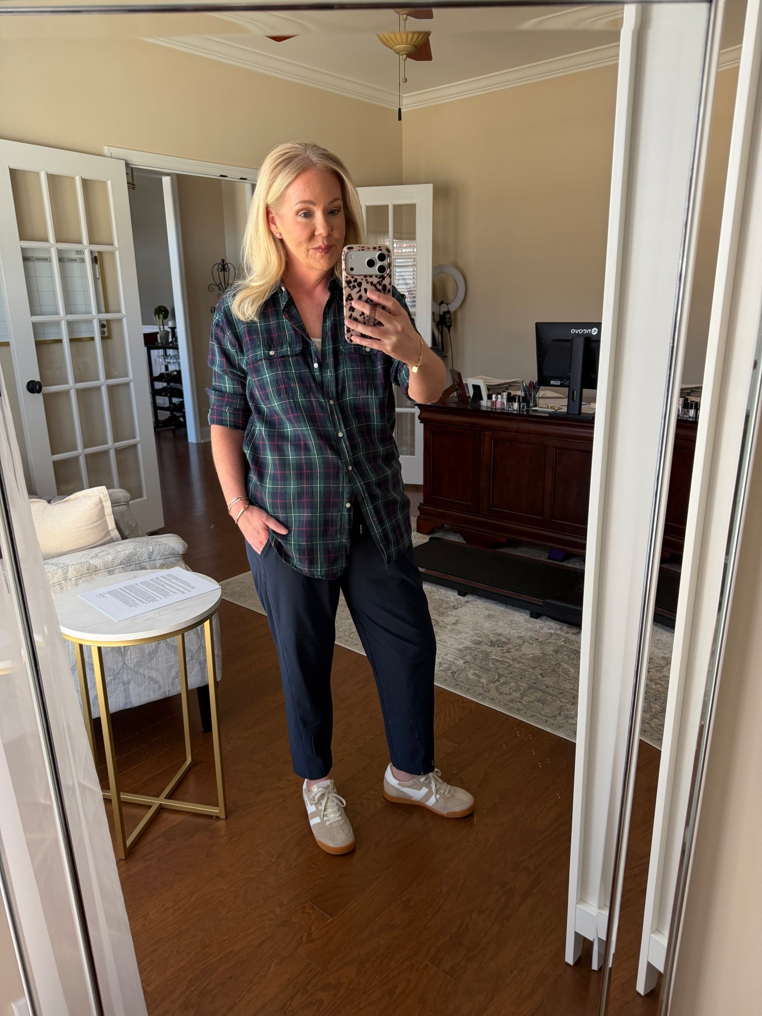 Casual but pulled together outfit for errands. Shirt is old but these are my favorite casual pants in navy. Wearing size M. Sneakers come in a ton of color. 

#LTKOver40 #LTKShoeCrush #LTKStyleTip
