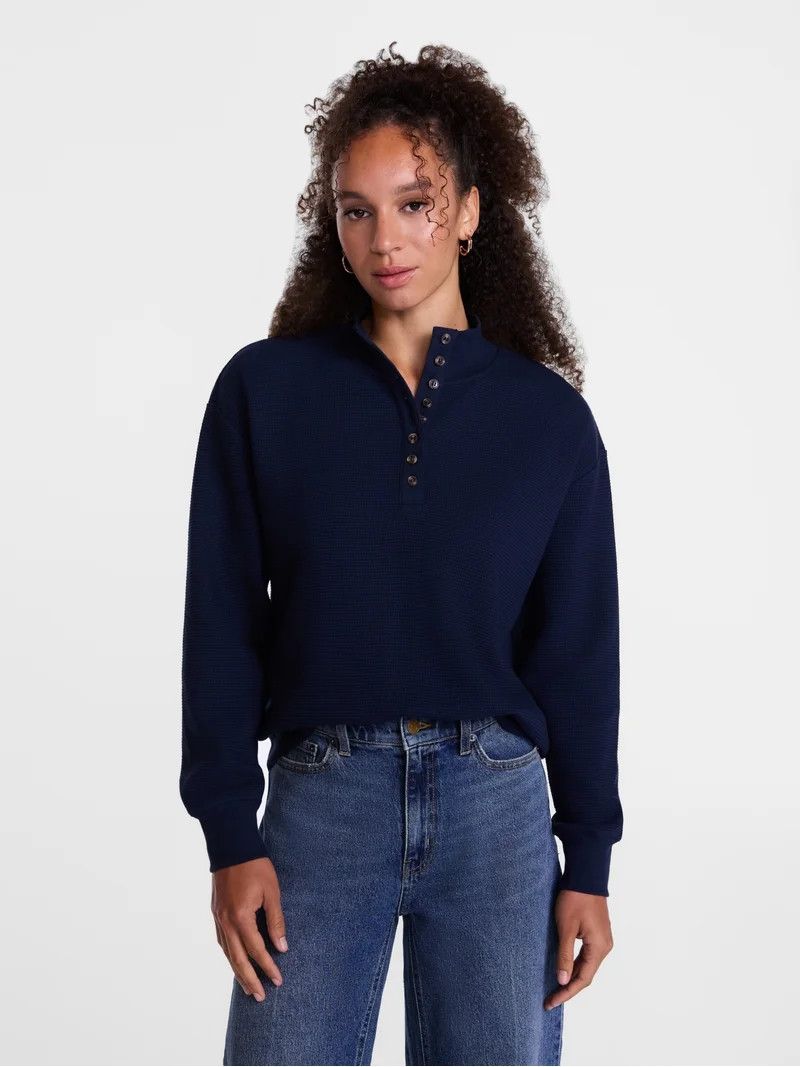 Scenario Women's and Women's Plus Waffle Knit Button Top with Long Sleeves, Sizes XS-4X | Walmart (US)